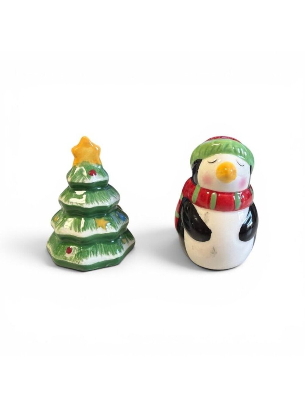 Vintage Christmas Tree & Penguin Ceramic Salt & Pepper Shakers Holiday Decor